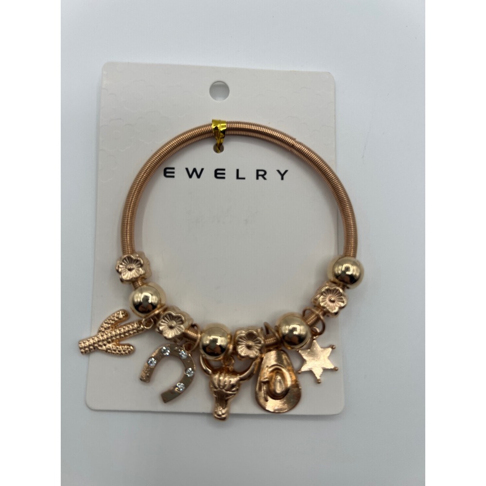 Western Charm Bracelet Rose Gold Tone Cactus Horseshoe Steer Cowboy Hat Star